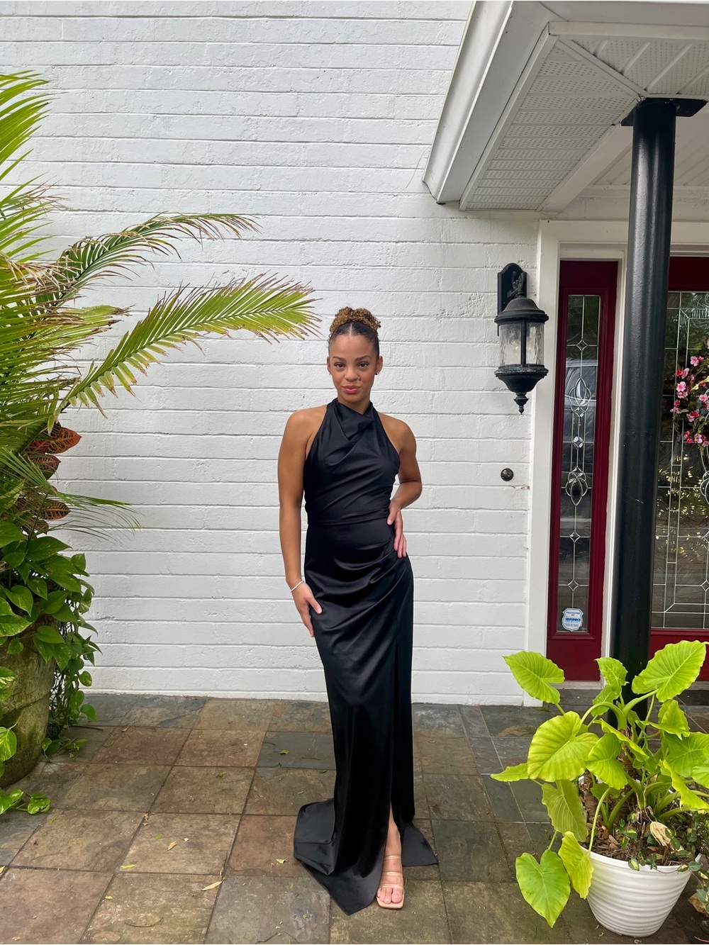 Elegant Black Halter Open Back Satin Evening Gown